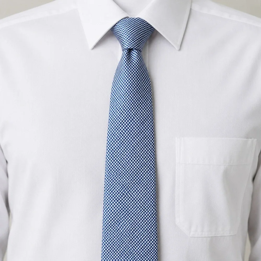 Polo Ralph‎ Lauren Handmade Italy Silk Cotton Blue Micro Check Necktie Preppy